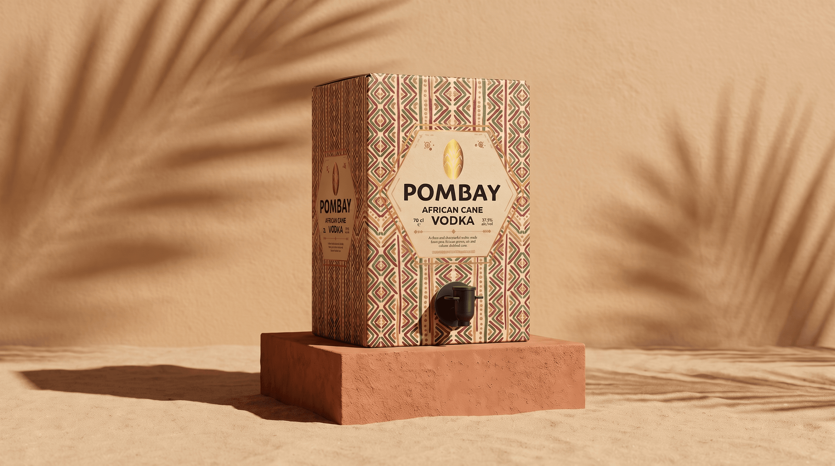 Pombay Cane Vodka 5-litre bag-in-box on a terracotta plinth
