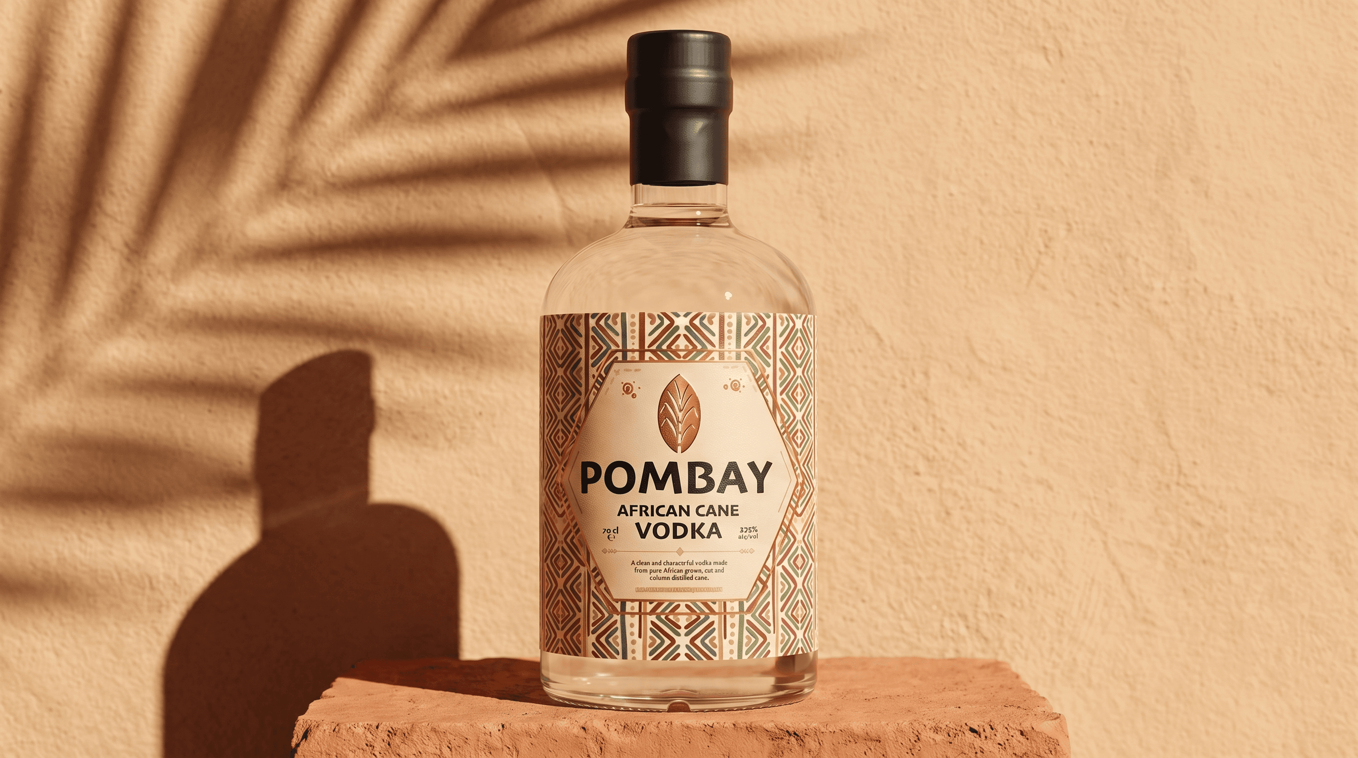 Pombay East African Cane Vodka bottle on a terracotta plinth, palm shadow behind