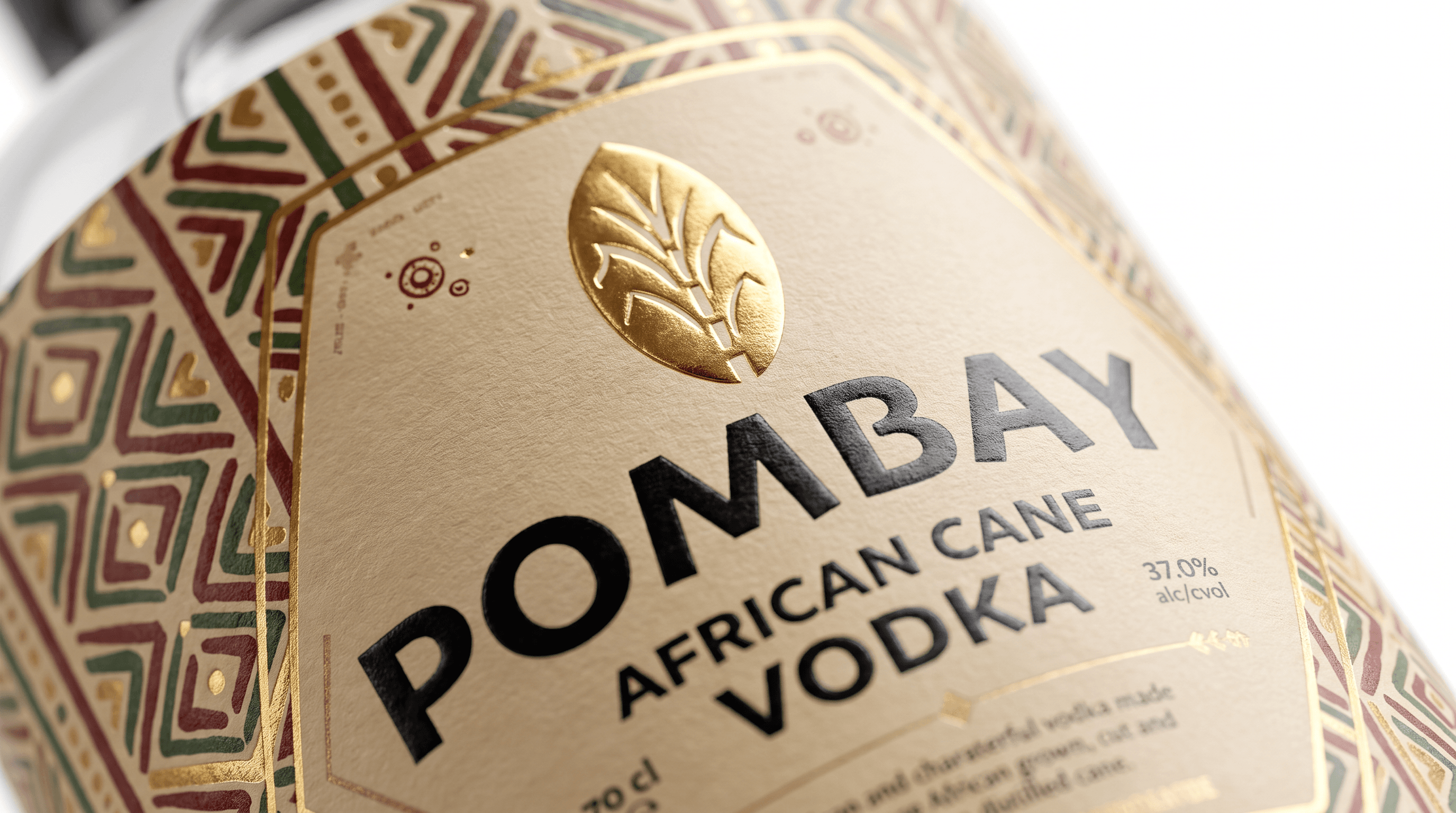 Close-up of the Pombay East African Cane Vodka label and its kente-patterned detailing