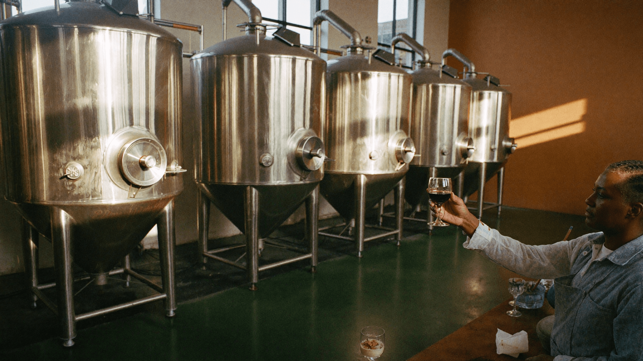 Tasting in the tank room of the Amsterdam distillery behind Pombay