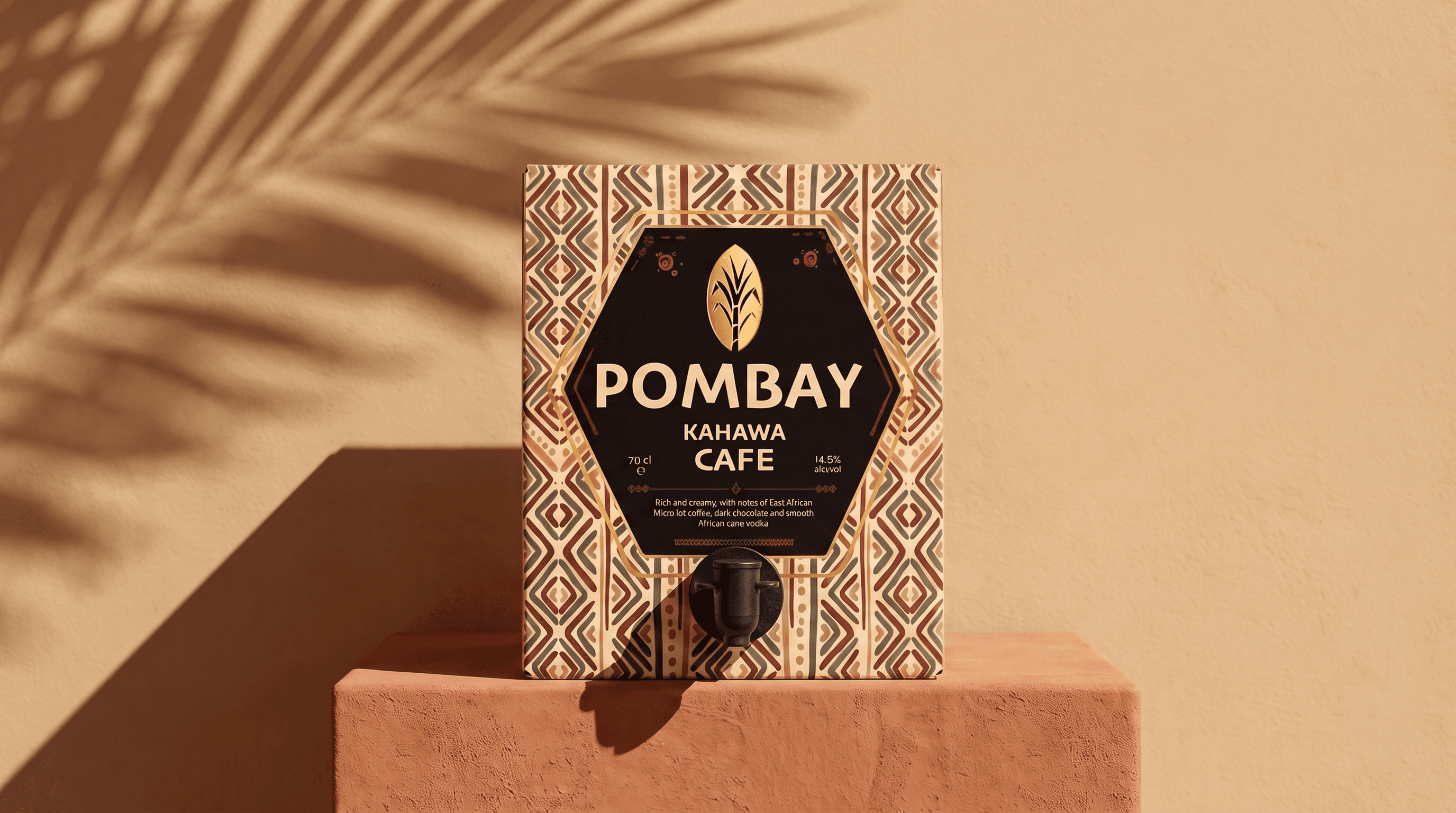 Pombay Kahawa Café Coffee Liqueur 5-litre bag-in-box on a terracotta plinth