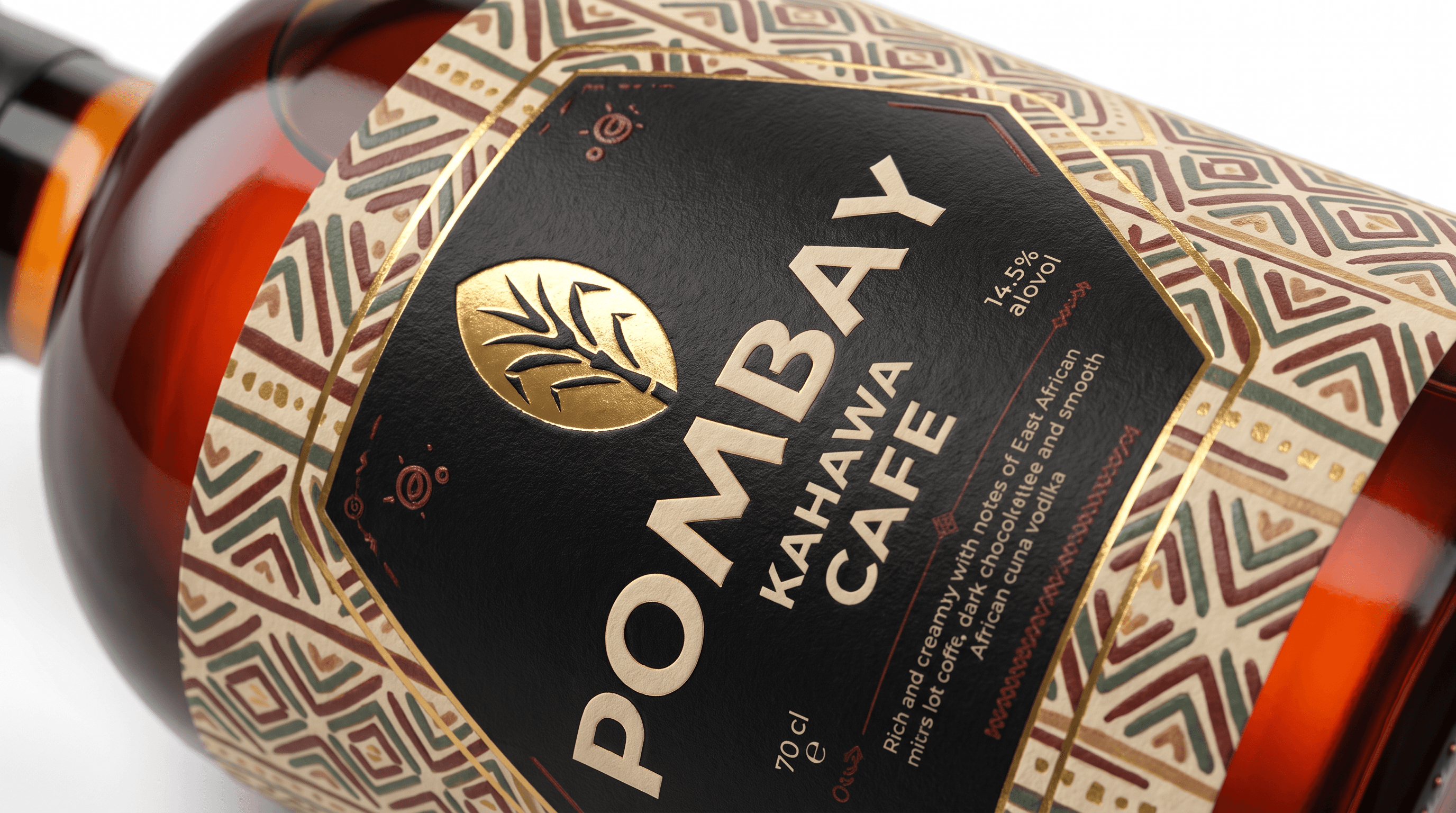 Close-up of the Pombay Kahawa Café Coffee Liqueur bottle and its label
