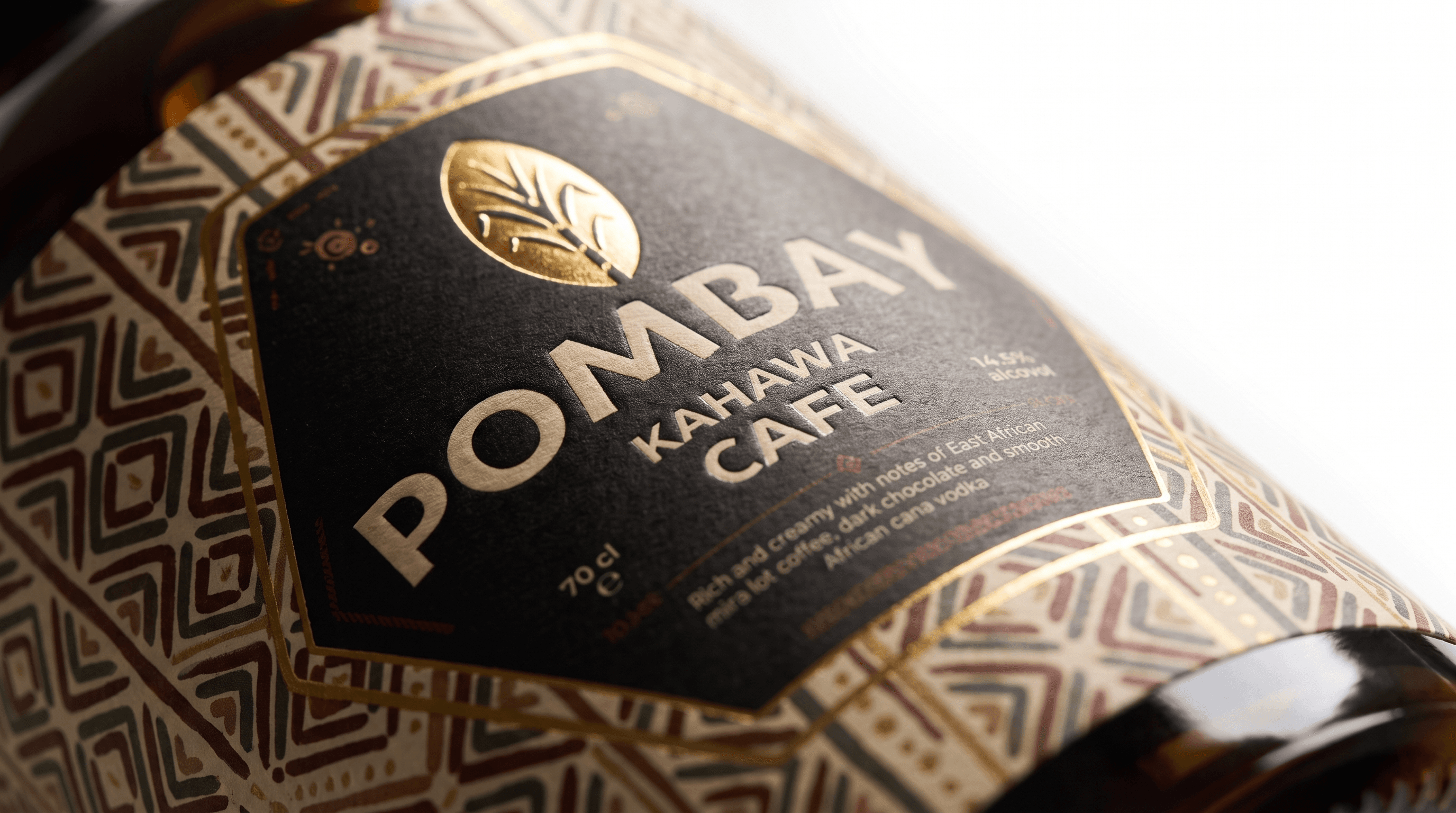 Macro detail of the Kahawa Café label on Pombay Coffee Liqueur