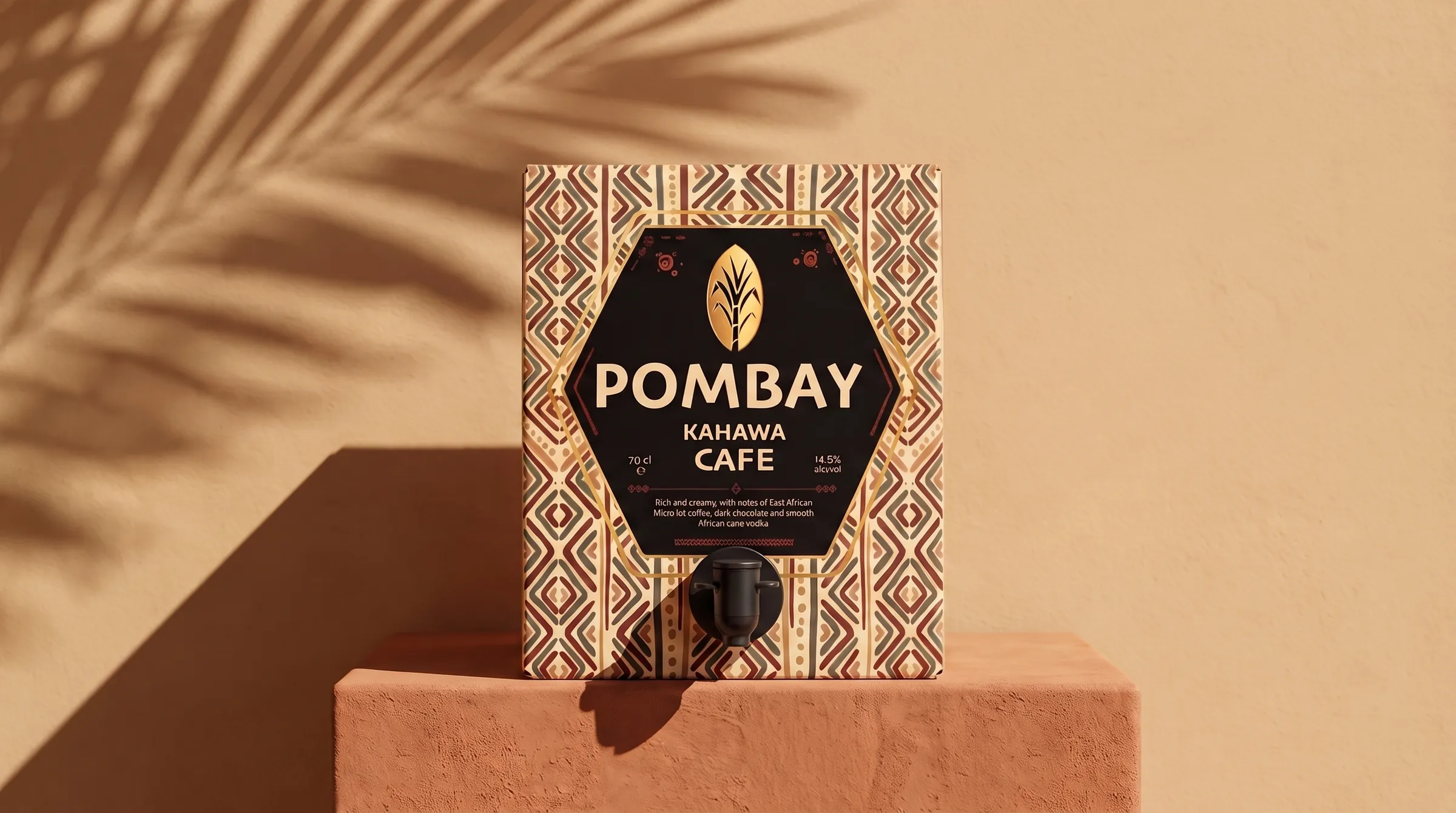 Pombay Kahawa Café Coffee Liqueur 5-litre bag-in-box on a terracotta plinth