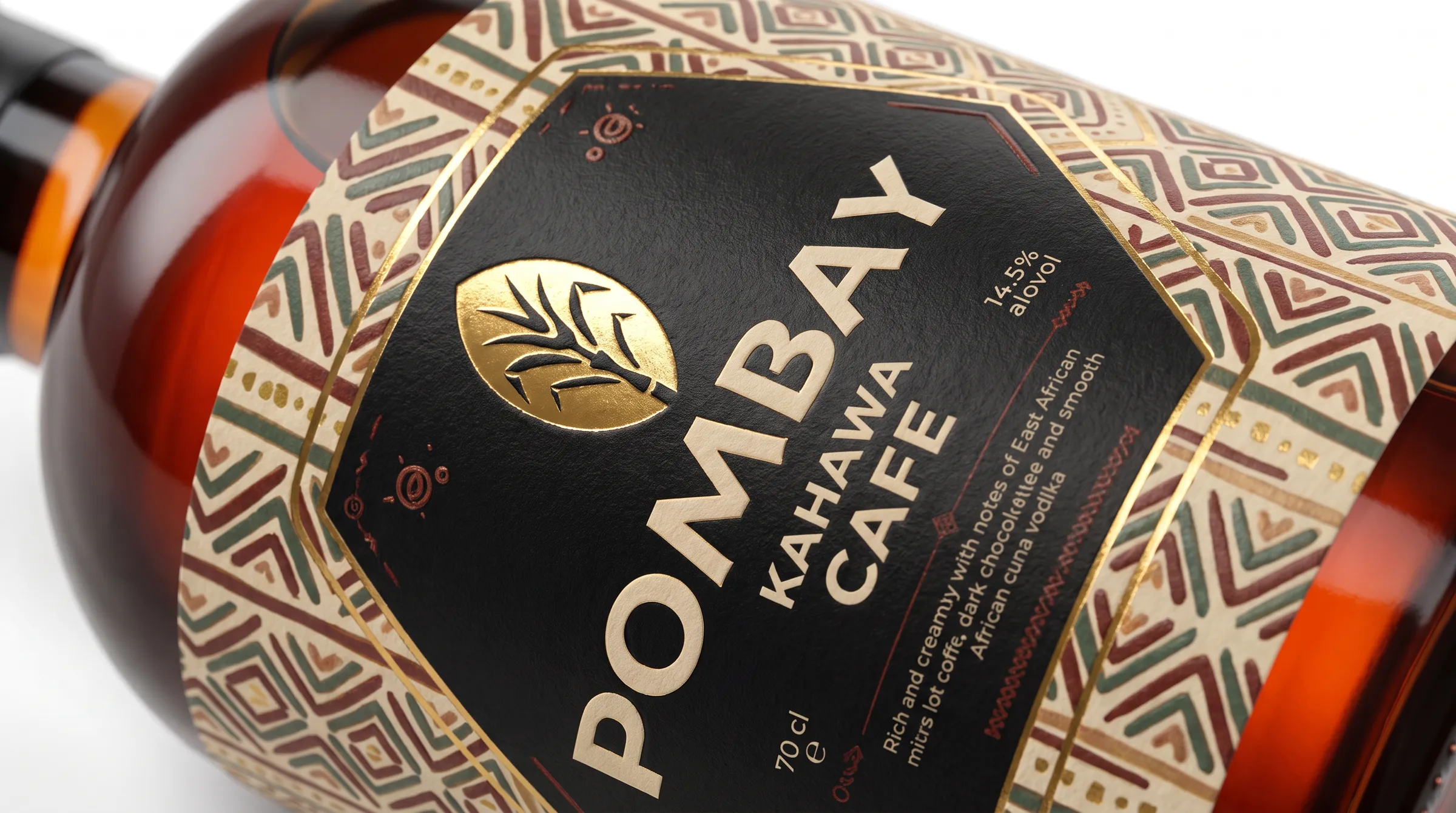 Close-up of the Pombay Kahawa Café Coffee Liqueur bottle and its label